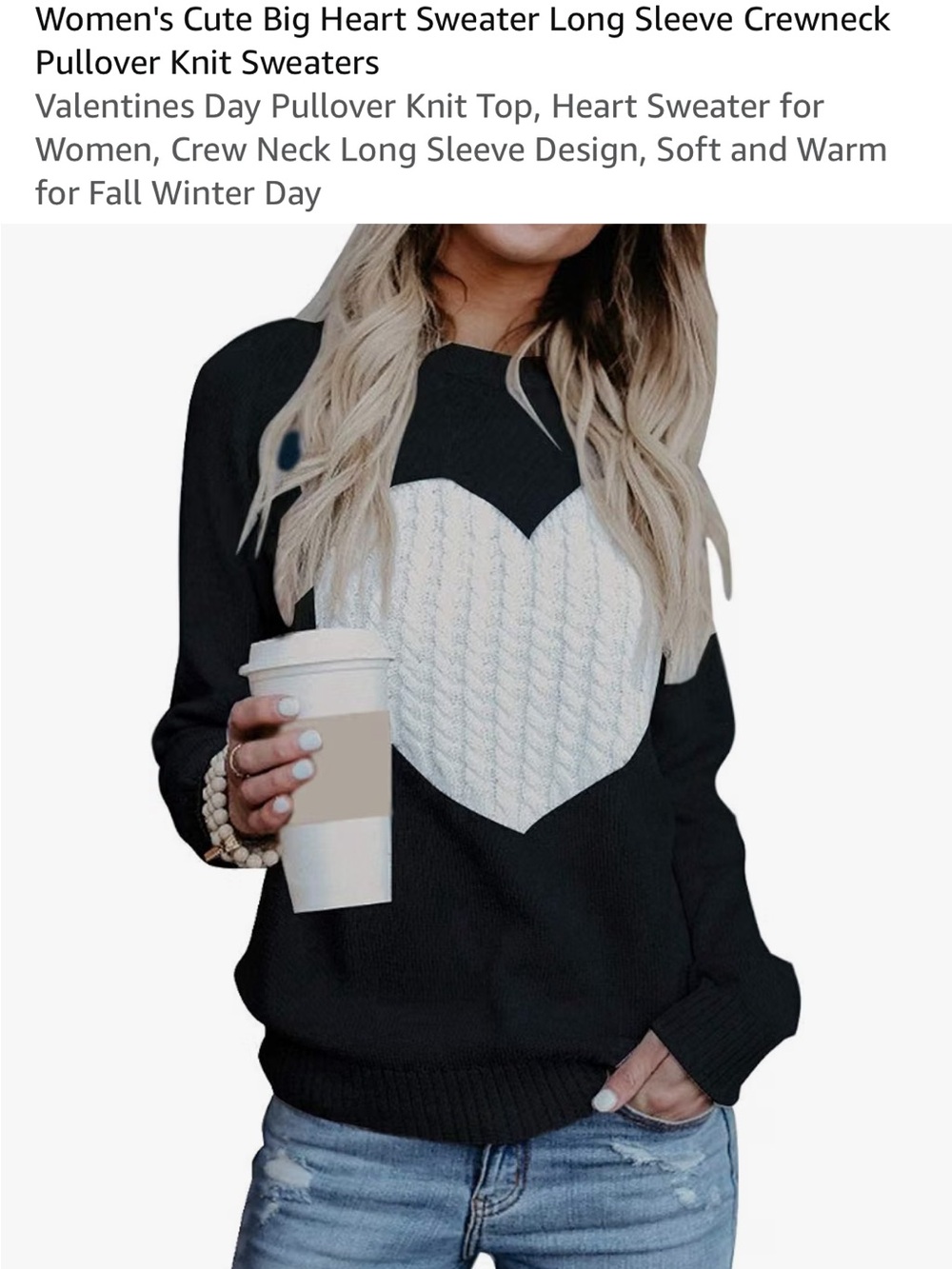 Cozy Black Crewneck Sweater with White Heart